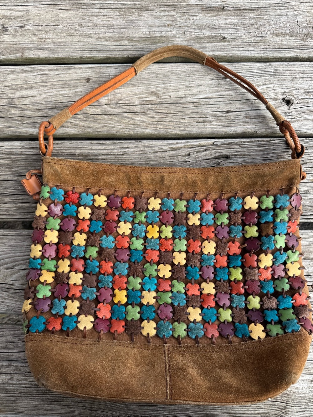 Vintage Lucky Brand Brown Suede Tote with Multicolor Flower Studs